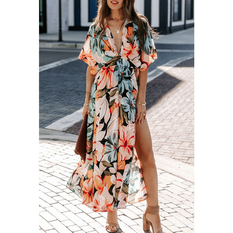 Women's dress - amazon cross-border summer european and american style sexy high-waisted fashion printed slit dress