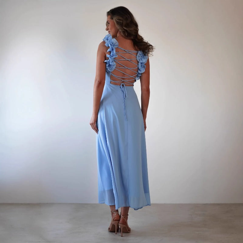 Women's dress - cross-border fashion, european & american style, independent website, elegant & chic, tie-waist a-line solid color midi dress