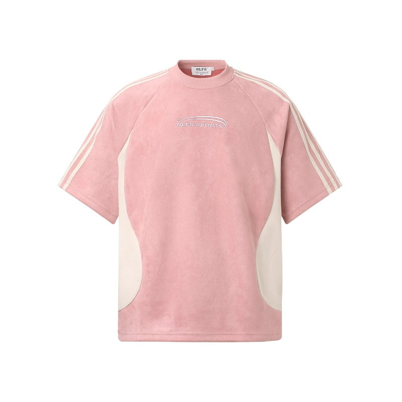Men's jt american retro couple street style color block suede logo design short sleeve loose fit crew neck t-shirt