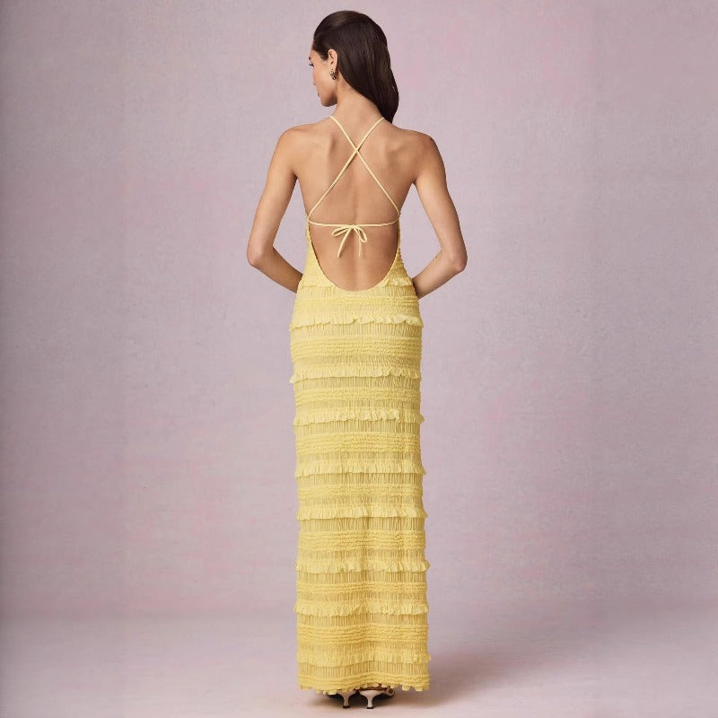 Women's dress - cross-border summer fashion: european & american style, amazon hot seller, sexy ruffle trim, backless halter neck, tie-up maxi dress