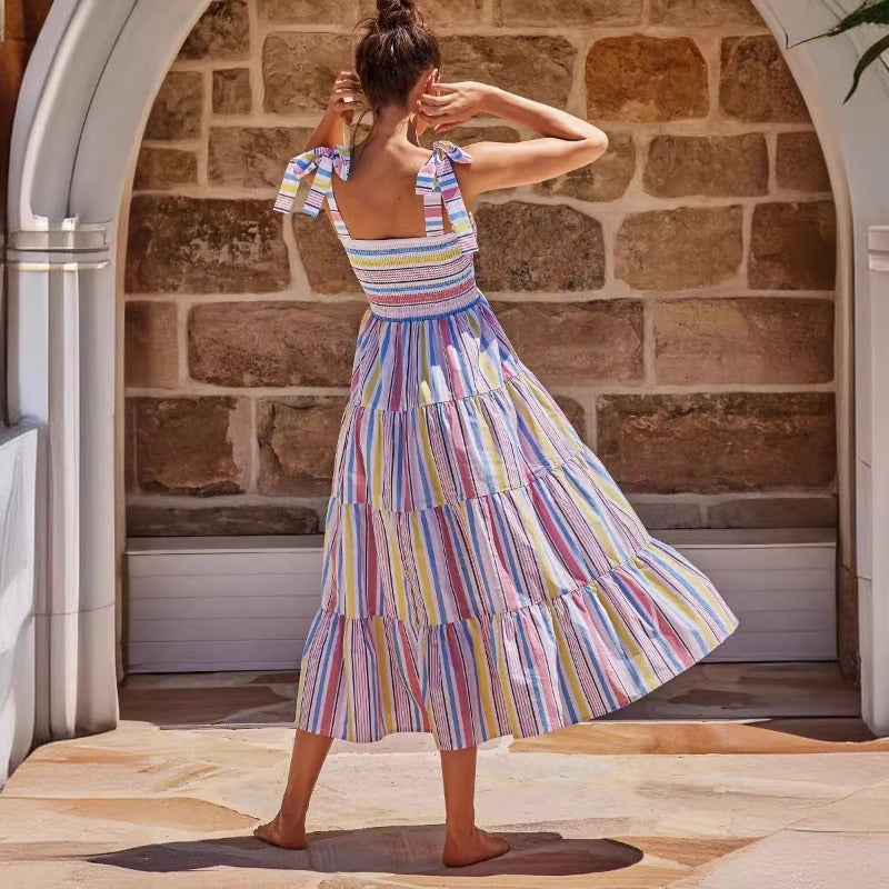 Women's dress - amazon women's clothing - spring/summer european and american casual plaid tie-up bandeau ruched maxi dress
