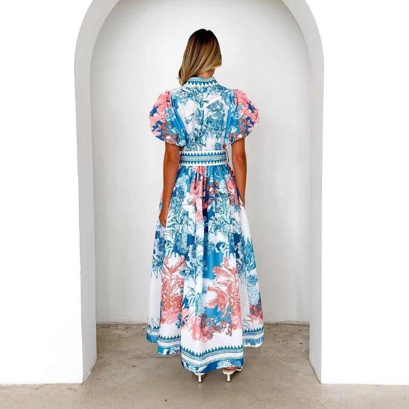 Women's dress - cross-border ready stock - amazon summer fashion casual tie-waist printed maxi dress