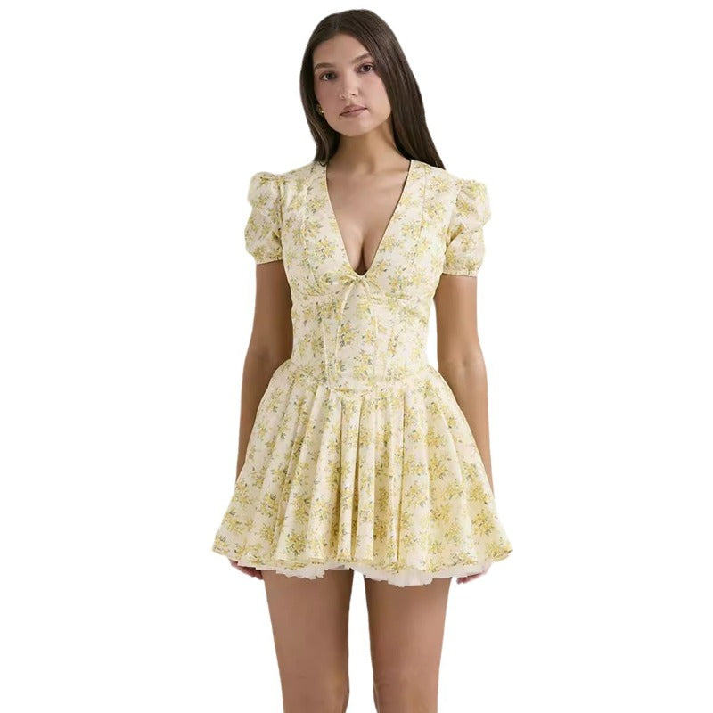 Women's french sweet floral print bubble sleeve dress - summer ballet dopamine outfit - cinched waist spicy girl a-line skirt