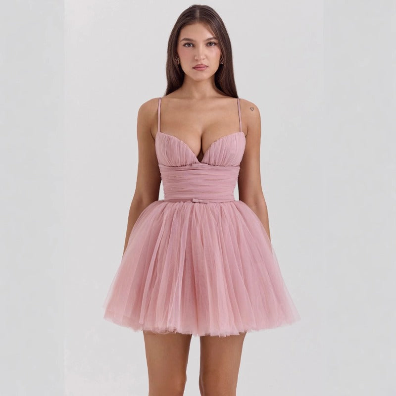 Women's sweet mesh patchwork camisole princess tutu dress - sexy slim fit backless mini dress