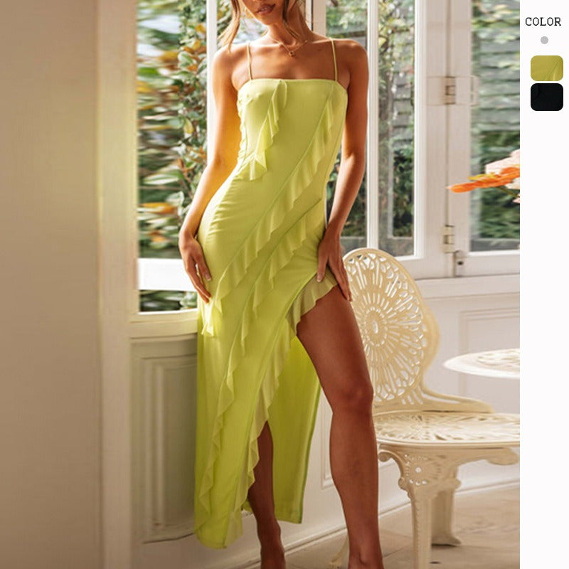 Women's dress: european and american style summer fashion - sexy spaghetti strap, backless, slit, ruffle trim, elegant dress