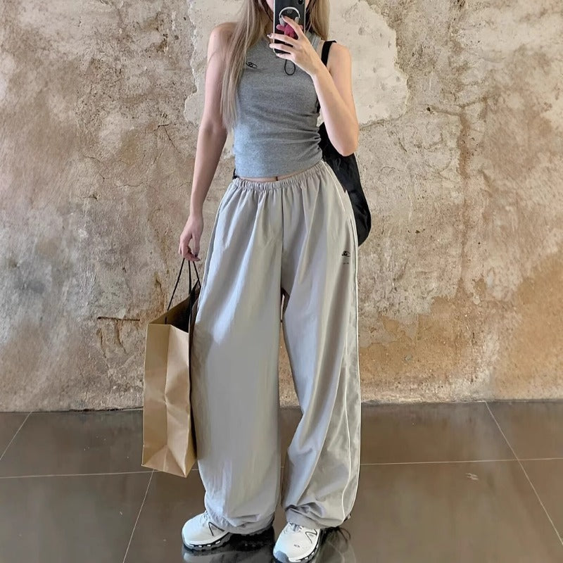 Women casual pants retro contrasting color high waist women's summer loose sweatpants