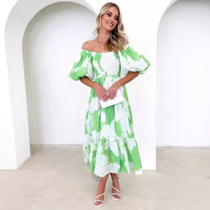 Women's dress - cross-border spring/summer amazon style elegant printed off-the-shoulder puff sleeve fashion european and american dress