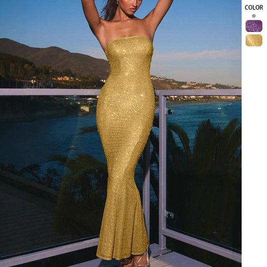 Women's dress - european & american style summer amazon bandeau sequin sexy slim-fit evening gown dress - backless maxi dress for women