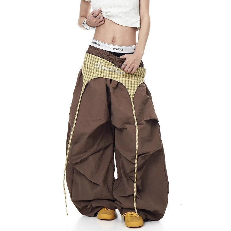 Women casual pants retro plaid fart curtain elastic waist women wide legs