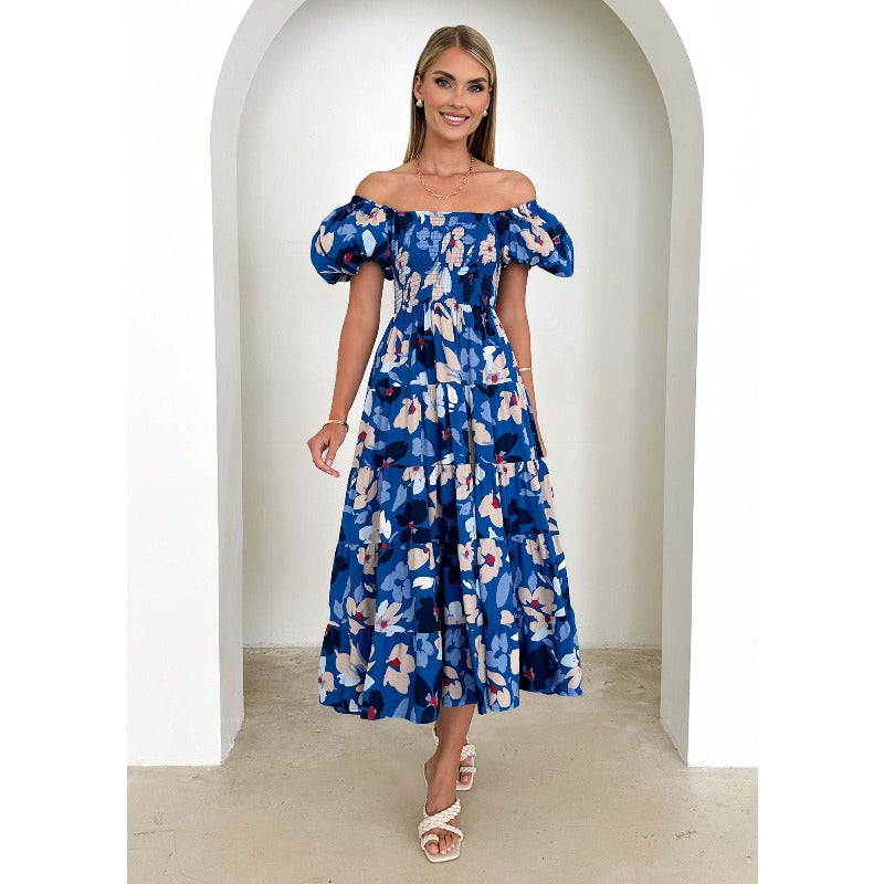 Women's summer dress: european and american style, puff sleeve, slimming maxi dress, hot girl high-waisted off-the-shoulder printed dress