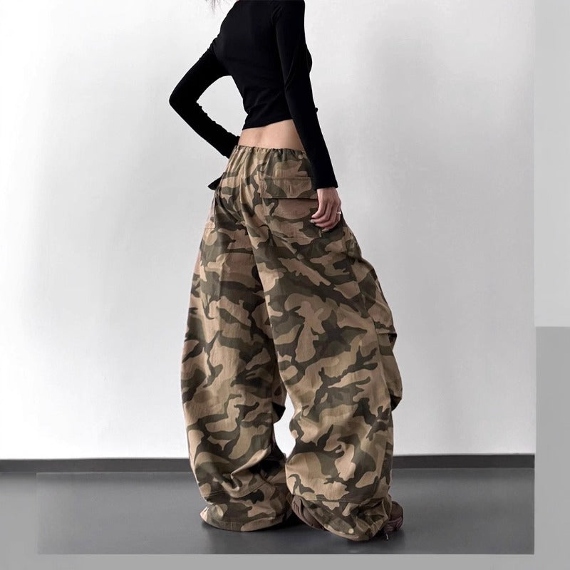 Women casual pants retro camouflage women elastic high waist loose