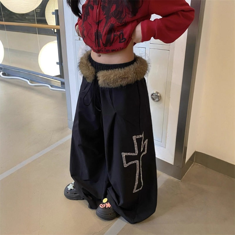 Women casual pant detachable fur collar hot rhinestones