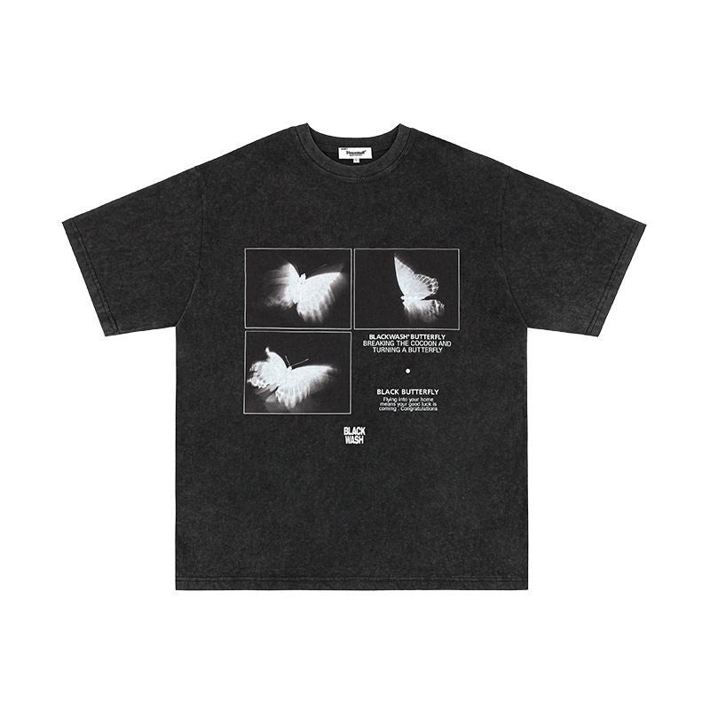 Mens T Shirts Butterfly Print Old Short Sleeve T-Shirts
