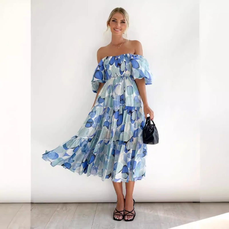 Women's summer dress: european and american style, puff sleeve, slimming maxi dress, hot girl high-waisted off-the-shoulder printed dress