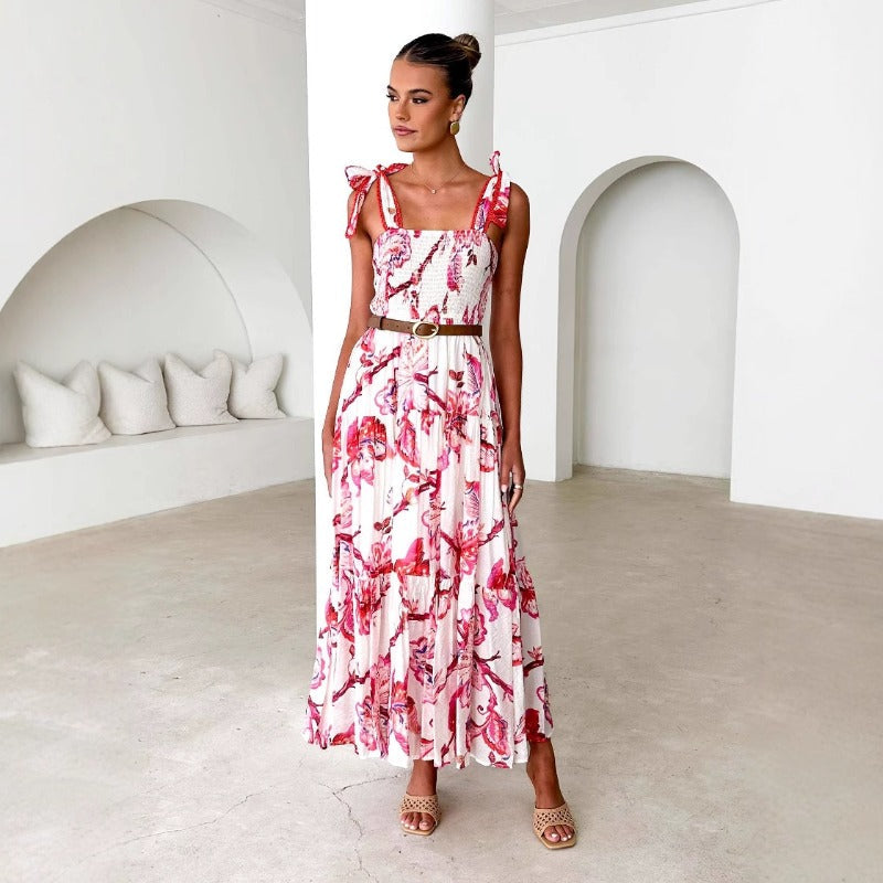 Women's dress spring and summer women's clothing cross-border suspenders elastic waist shoulder straps large swing long printingdress skirt women