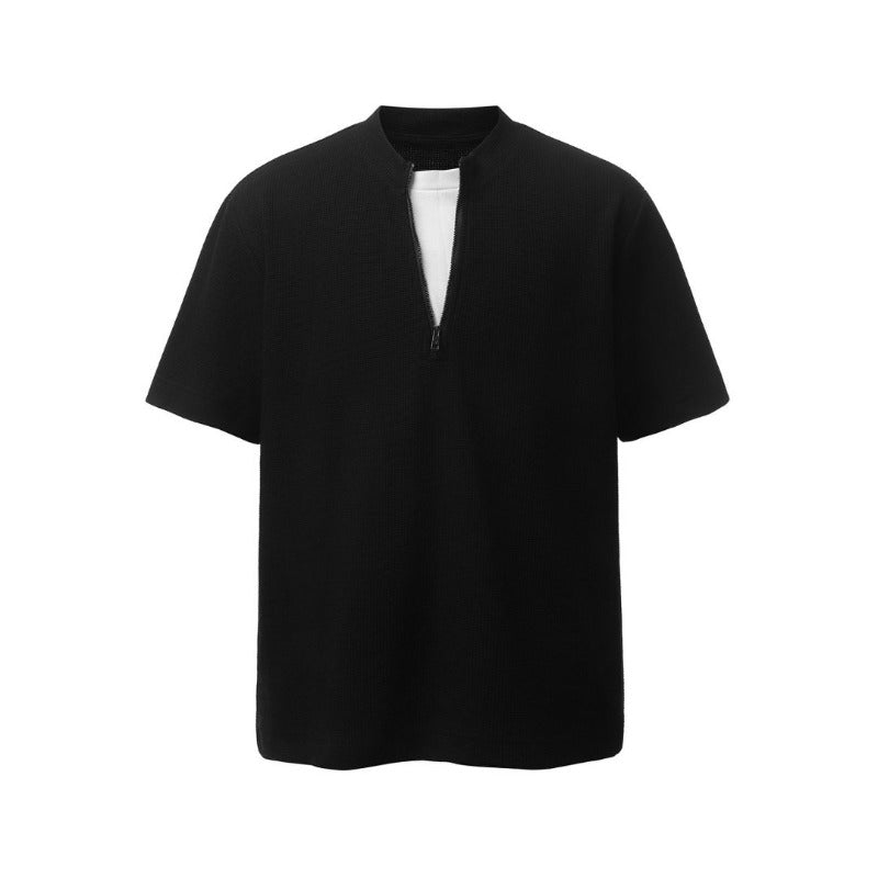 Men's t-shirts: american retro heavyweight waffle knit faux two-piece deconstructed design, high street oversized short sleeve tee