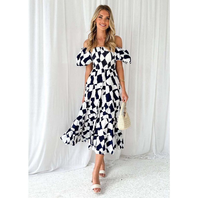 Women's dress: bestselling spring/summer one-shoulder printed puffy sleeve a-line dress for cross-border e-commerce (us/european platforms)