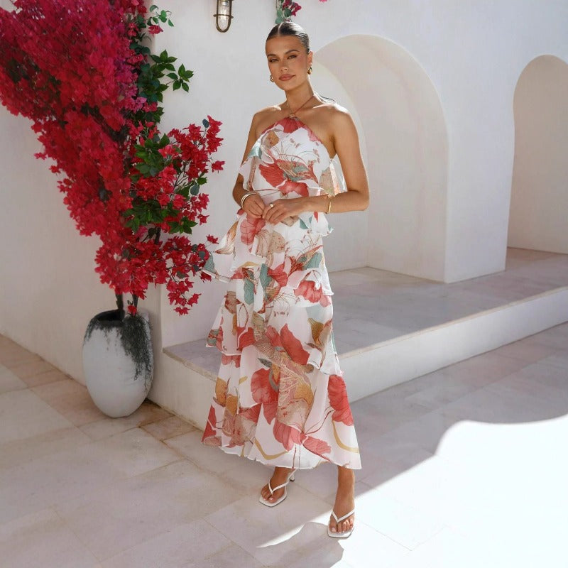 Women's off-the-shoulder european and american style fashionable chiffon printed fairy long elegant evening gown dress for cross-border e-commerce