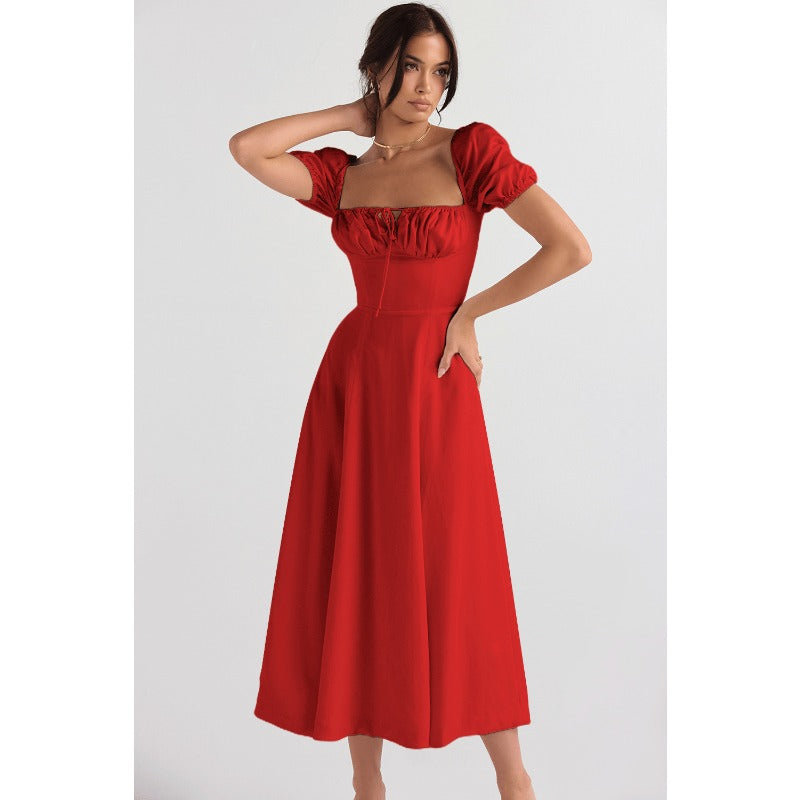 Women's high-waisted summer dress - european & american style - amazon fashion - slimming, elegant, bubble sleeve, tie-waist short sleeve dress