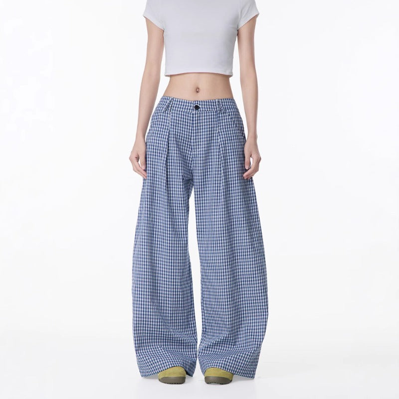 Women casual pants summerloose blue plaid