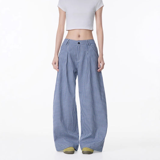 Women casual pants summerloose blue plaid