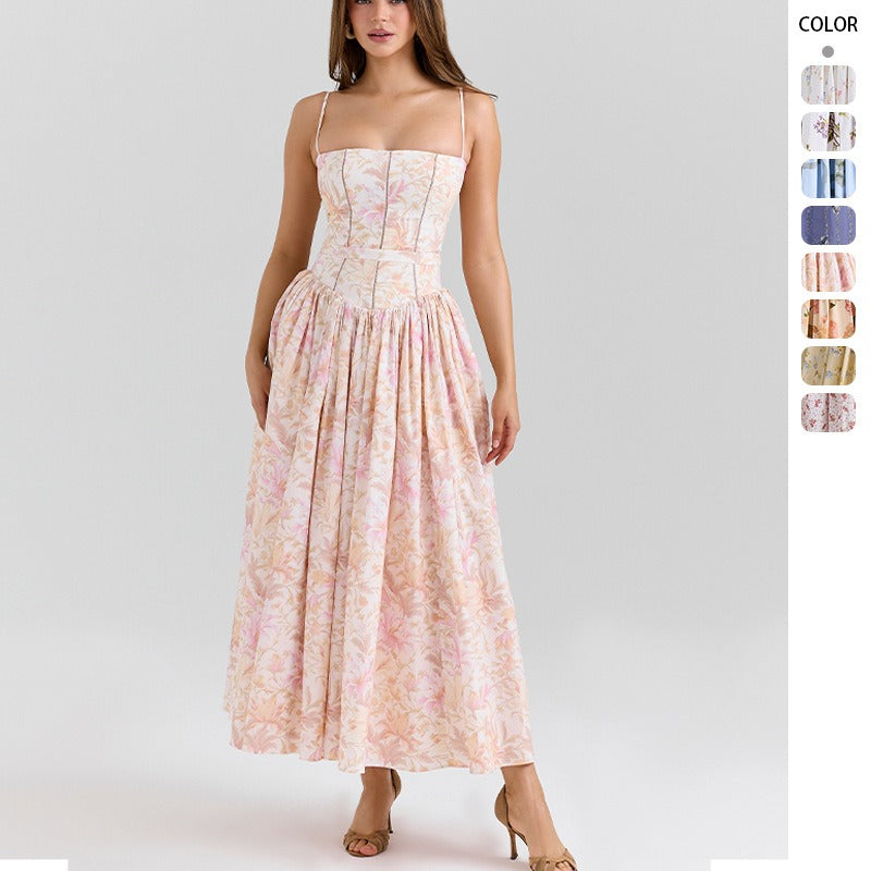 Women's dress - amazon cross-border fashion: elegant, chic, and flattering floral print slip dress - slim fit, figure-flattering, and ethereal