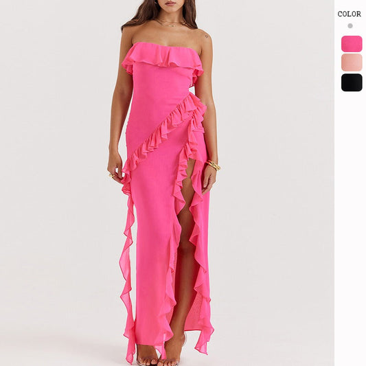 Women's dress - cross-border fashion: european & american summer sexy ruffle bandeau slit sleeveless off-shoulder evening gown dress