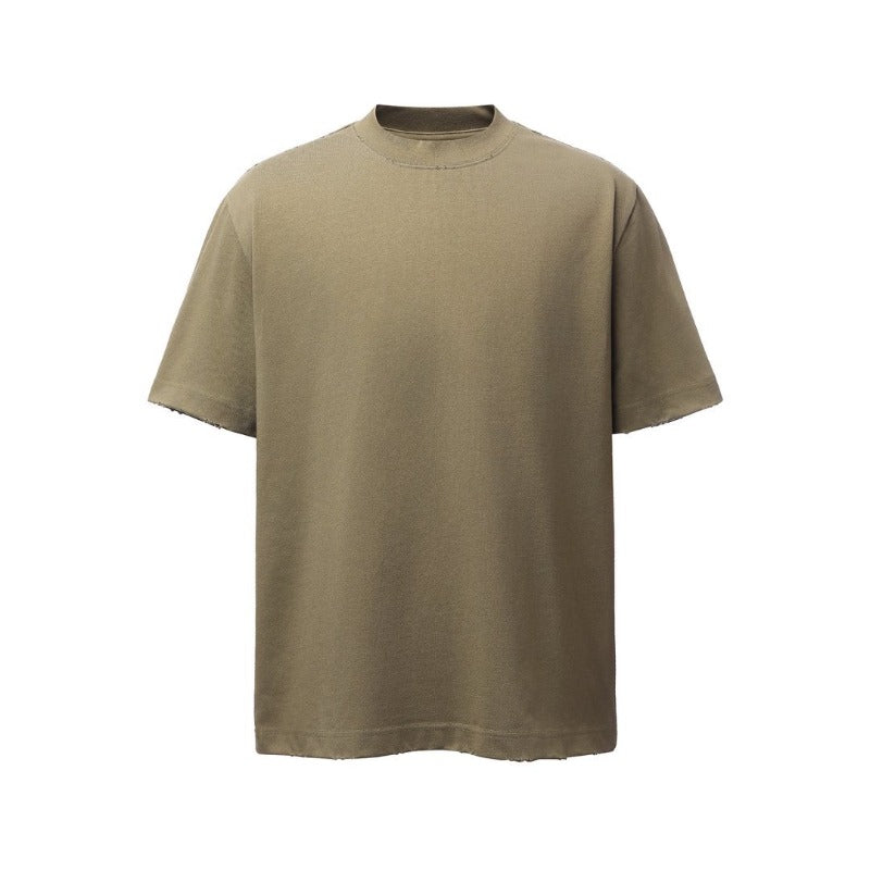 Men's heavyweight premium american retro streetwear washed & distressed high-street loose fit summer short sleeve t-shirt
