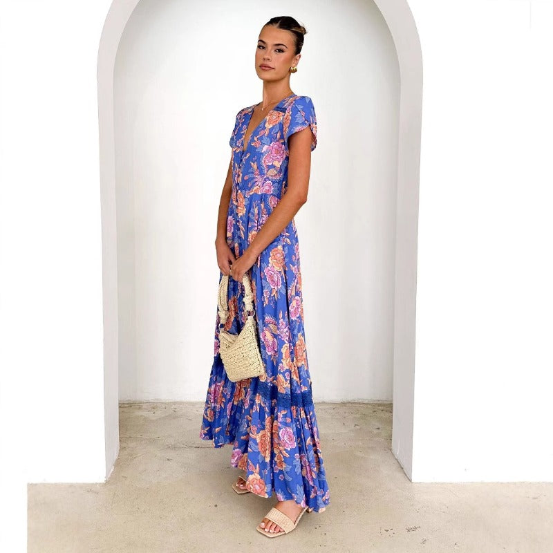 Women's dress - export quality summer maxi dress - high-end, slim-fit, v-neck, single-breasted, ruffle hem dress for women