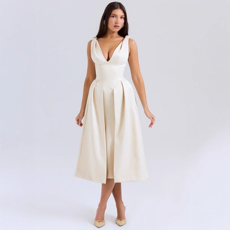 Women's summer dress - slim fit camisole maxi dress - european & american style fashion - solid color v-neck elegant dress
