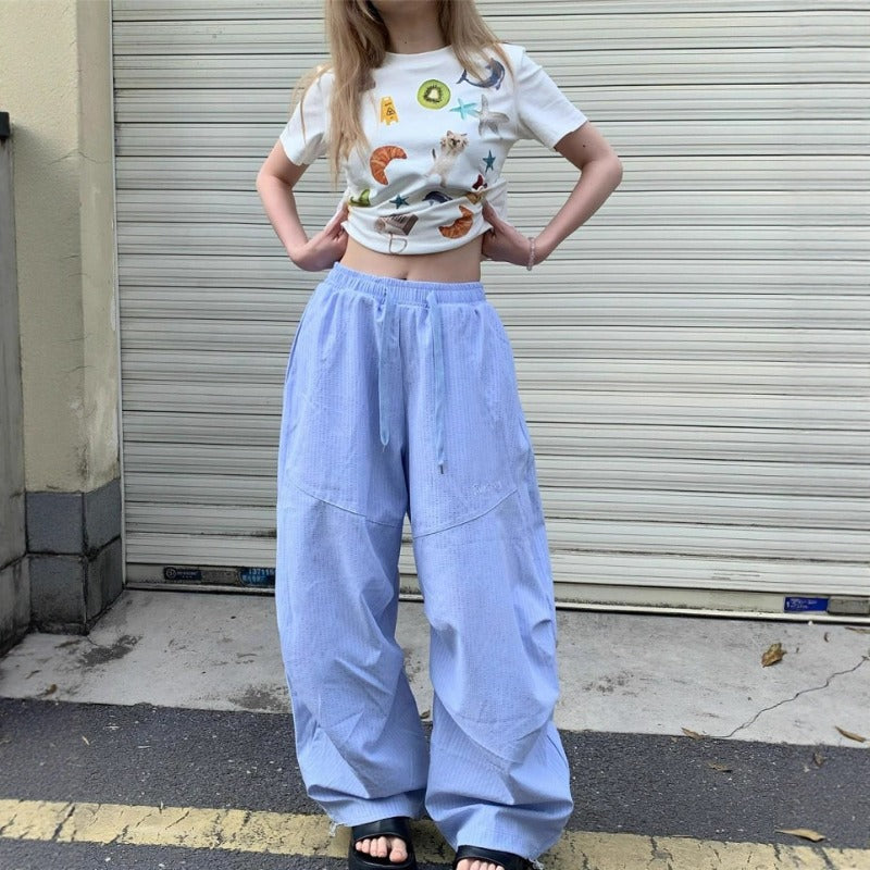 Women casual pants blue stripessummerloose