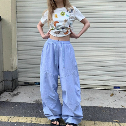 Women casual pants blue stripessummerloose