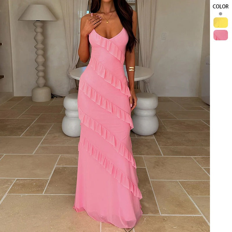 Women's dress: european and american spring/summer sexy backless cami v-neck off-the-shoulder ruffle slim-fit side slit maxi dress