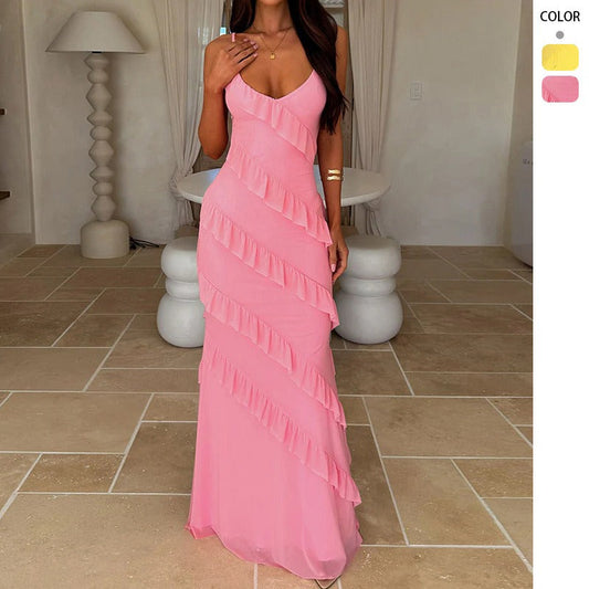 Women's dress: european and american spring/summer sexy backless cami v-neck off-the-shoulder ruffle slim-fit side slit maxi dress