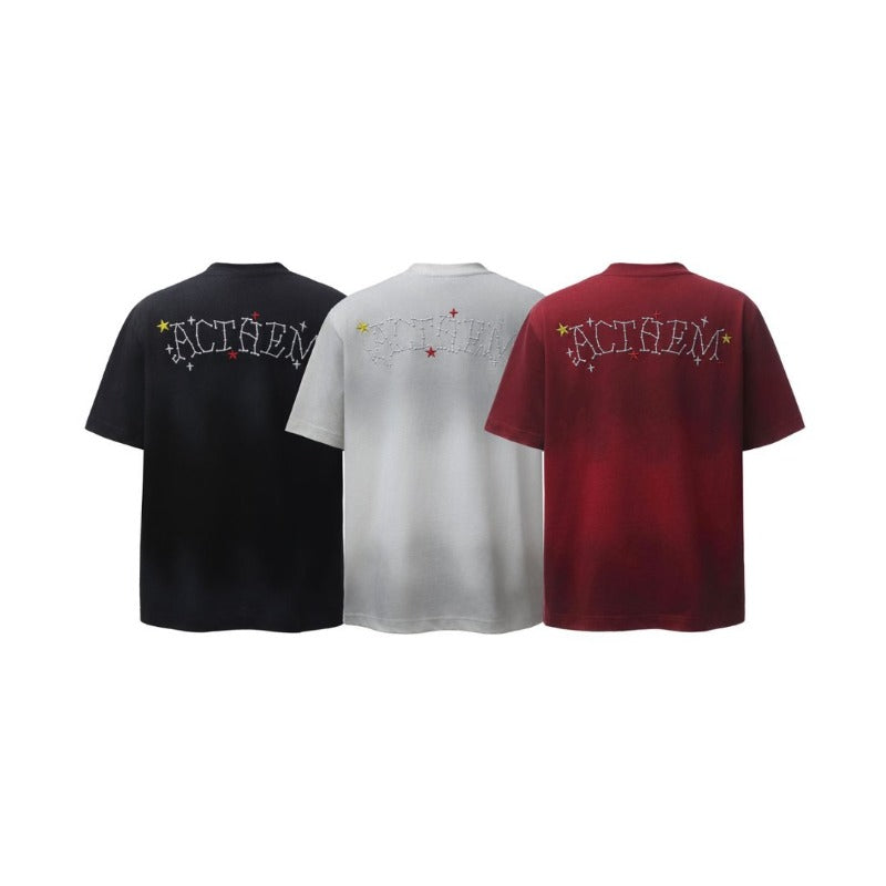 Men t shirts american retroheavy weight double yarn high quality high street washed distressed embroidermen's loose short-sleeved t-shirt
