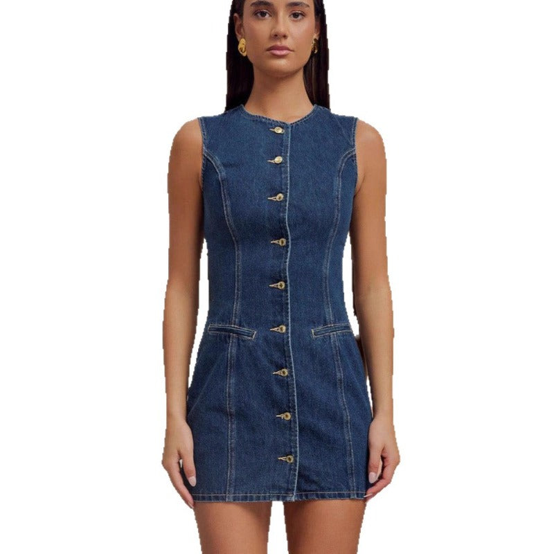 Women's dress - standalone store, cross-border e-commerce, european & american style, spring/summer fashion, casual round neck, sleeveless, high-waisted denim dress for women