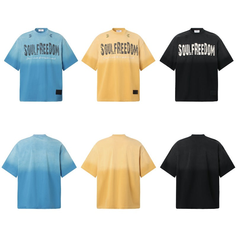 Men's t shirts t american street summer neutral distressed washed cut-out classy design men's loose short-sleeved t-shirt