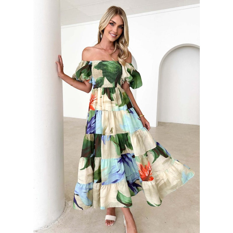 Women's summer dress: european and american style, puff sleeve, slimming maxi dress, hot girl high-waisted off-the-shoulder printed dress