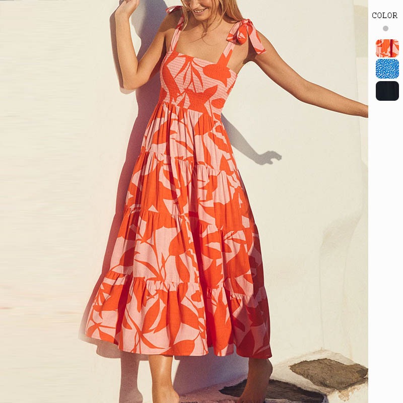 Women's dress: european and american cross-border spring/summer unique skirt, elegant and chic printed sleeveless backless tie-up dress