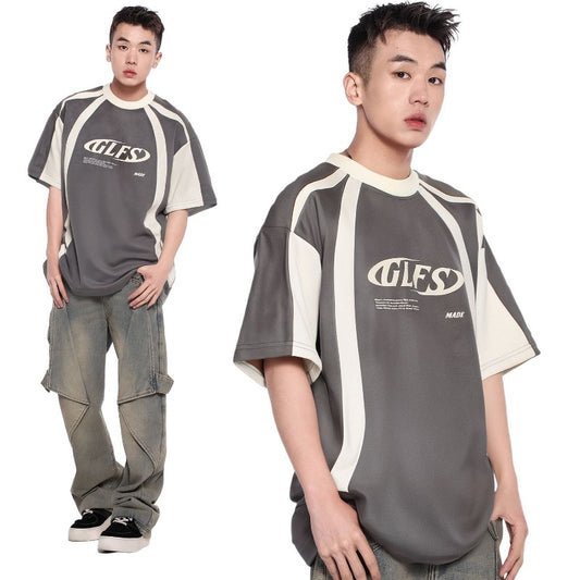 Men's jt american streetwear summer lettering premium design oversized deconstructed suede short sleeve t-shirt
