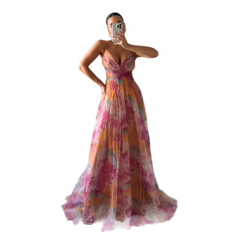 Women's dress - cross-border fashion spring/summer mesh print cami dress - ins style vacation casual party dress