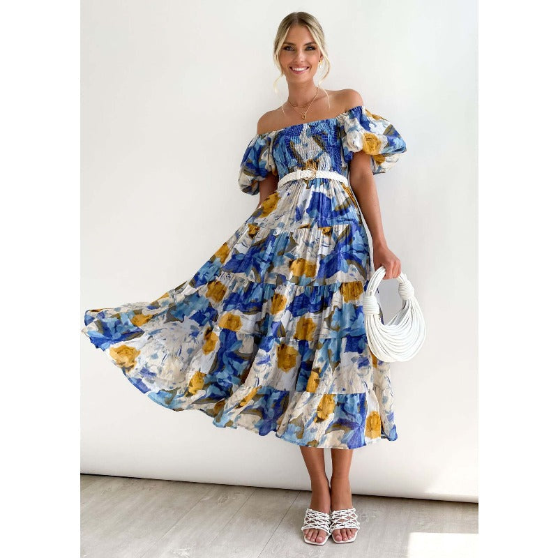 Women's summer dress: european and american style, puff sleeve, slimming maxi dress, hot girl high-waisted off-the-shoulder printed dress