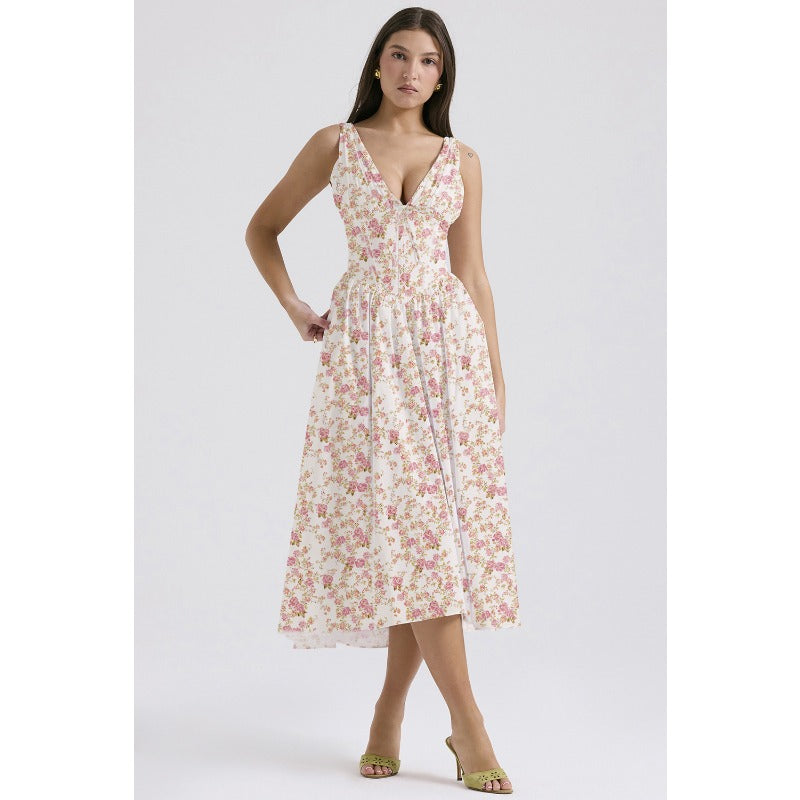 Women's dress - standalone store summer slim-fit camisole maxi dress - european & american style fashion print v-neck elegant dress