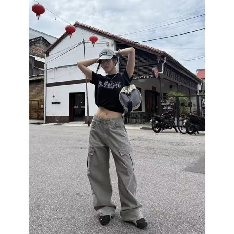 Women casual pants overalls, loose hip hop casual washed trousers