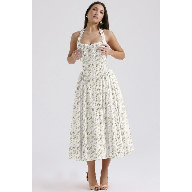 Women's summer slim-fit camisole maxi dress - european & american style fashion print halter neck lace trim dress