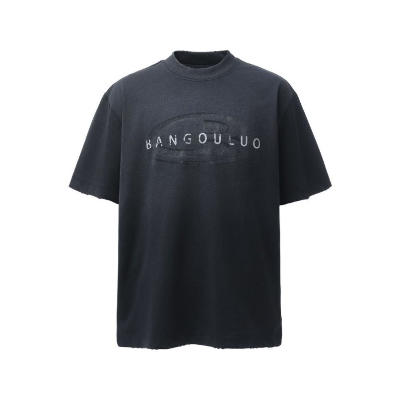 Men's t-shirts: american retro heavyweight double yarn washed & distressed logo design, men's high street oversized short sleeve tee