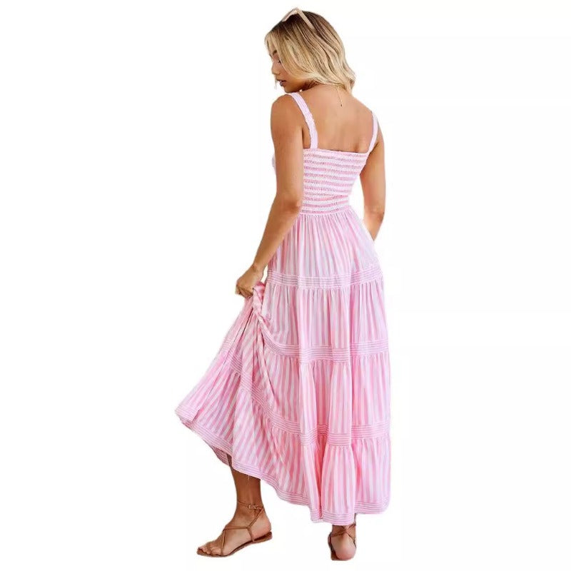 Women's dress - cross-border amazon summer european and american sexy striped print cami dress - slim fit vacation dress for women