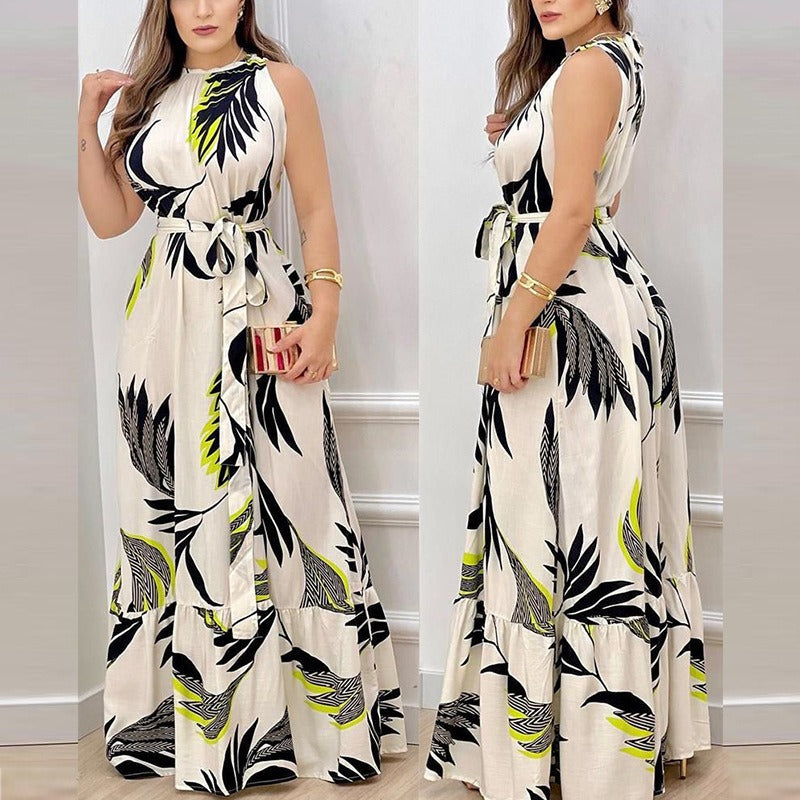 Women's dress - cross-border amazon ebay us/eu summer halter neck tie-up printed ruffle hem dress