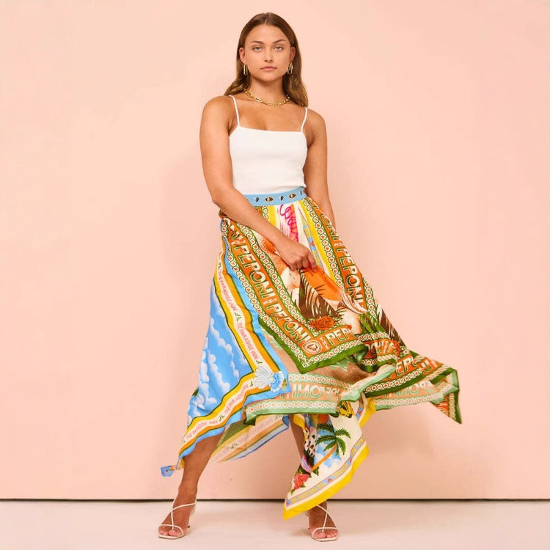 Women's dress - spring/summer long printed a-line midi skirt with asymmetrical hem and cinched waist - stylish and elegant