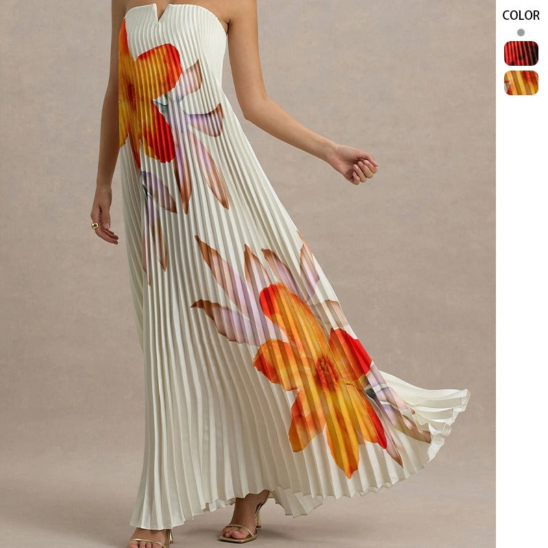 Women's dress - amazon independent site, cross-border e-commerce, european & american export, printed bandeau, loose fit, heavily pleated, long maxi dress for women